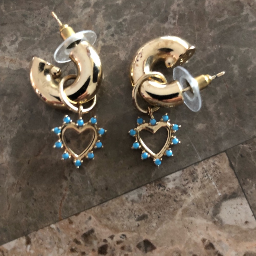 Ettika Gold Hoop Earrings with Blue Heart Dangle Accents